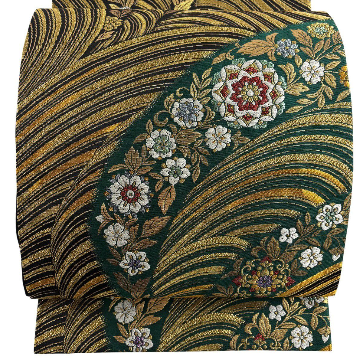 【美品】 袋帶 秀品級 振袖禮服禮服用 草花紋紋 波紋 金金箔 金線 綠色 六通 純蠶絲