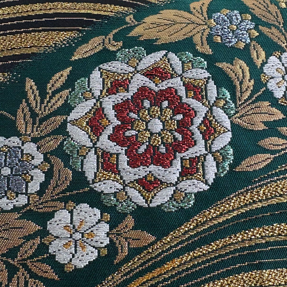 【美品】 袋帶 秀品級 振袖禮服禮服用 草花紋紋 波紋 金金箔 金線 綠色 六通 純蠶絲
