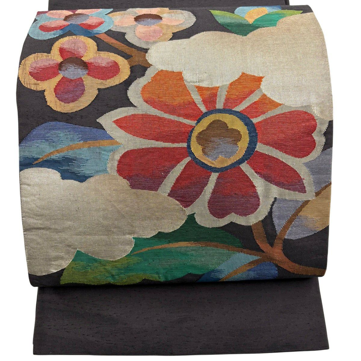 【美品】 袋帶 秀品級 草花紋紋 金金箔 灰色 お太鼓圖案 純蠶絲