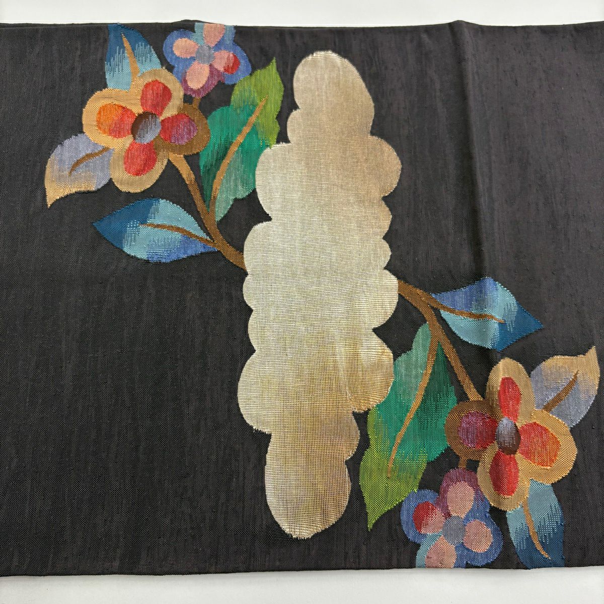 【美品】 袋帶 秀品級 草花紋紋 金金箔 灰色 お太鼓圖案 純蠶絲