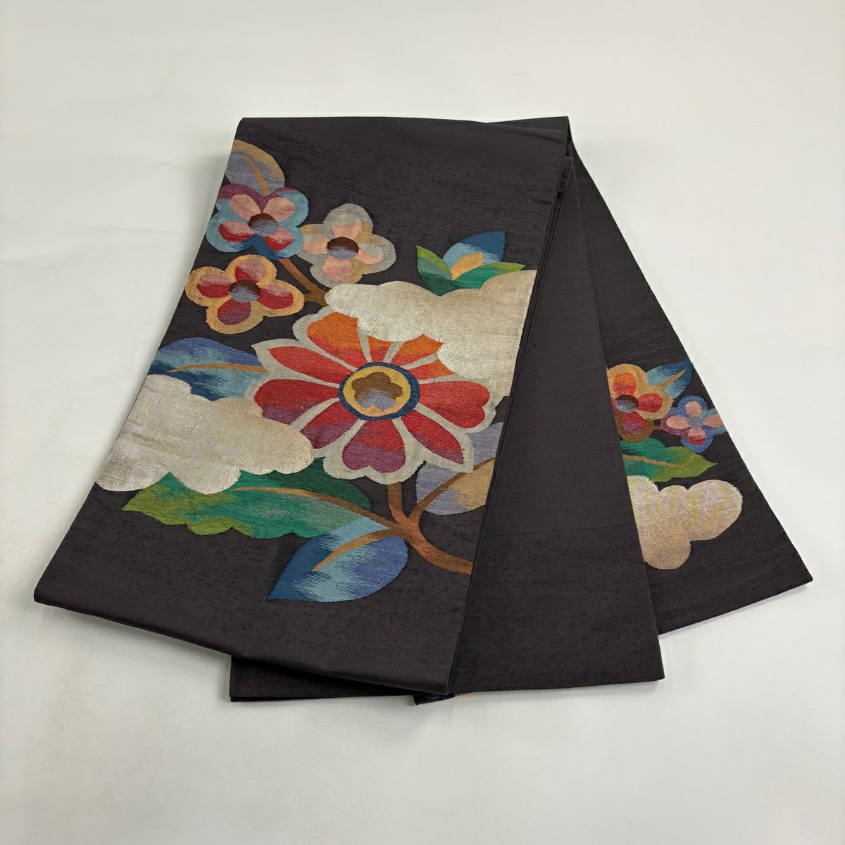 【美品】 袋帶 秀品級 草花紋紋 金金箔 灰色 お太鼓圖案 純蠶絲