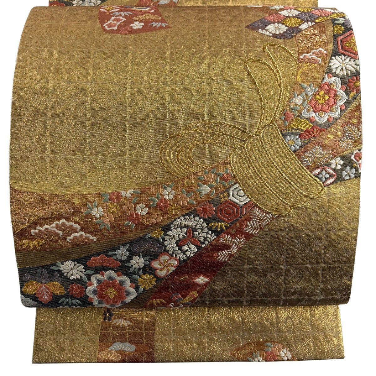 【美品】 袋帶 秀品級 束捲熨斗紋 寶物滿載 金絲 金金箔 金色 六通 純蠶絲