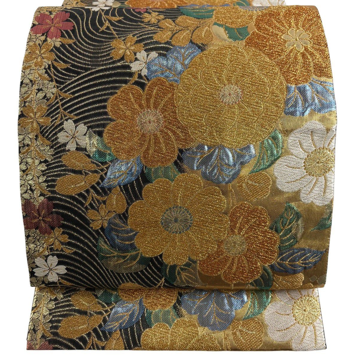 【美品】 袋帶 秀品級 草花紋紋 波 金絲 金銀彩 金色 六通 純蠶絲