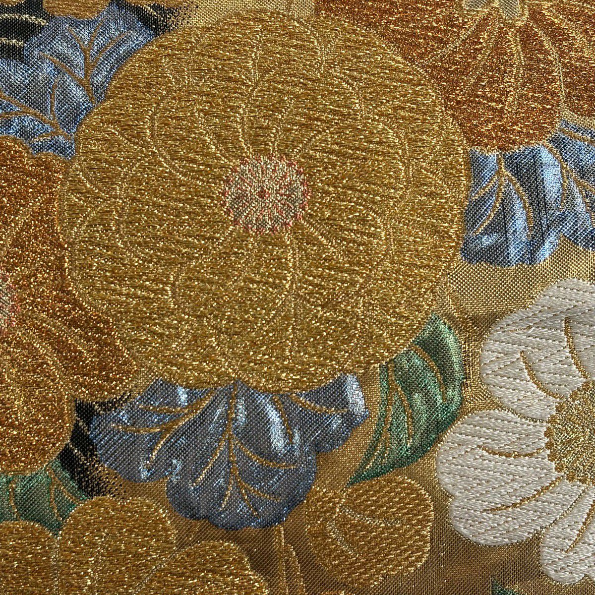 【美品】 袋帶 秀品級 草花紋紋 波 金絲 金銀彩 金色 六通 純蠶絲