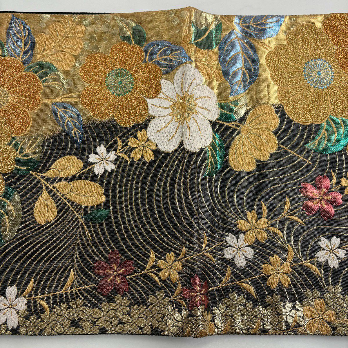 【美品】 袋帶 秀品級 草花紋紋 波 金絲 金銀彩 金色 六通 純蠶絲