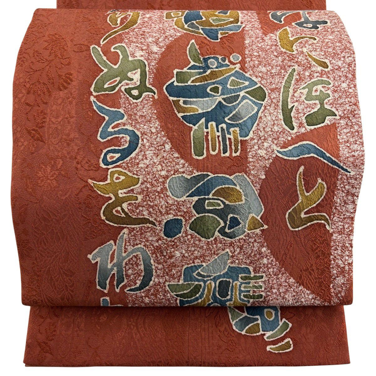 【美品】 袋帶 秀品級 文字文 幾何學圖案 茜色 大鼓圖案 純蠶絲