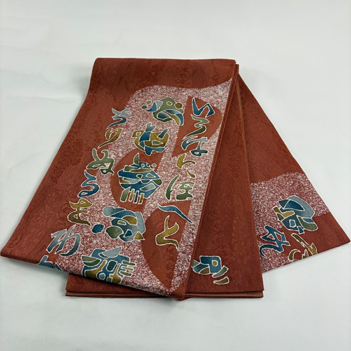【美品】 袋帶 秀品級 文字文 幾何學圖案 茜色 大鼓圖案 純蠶絲
