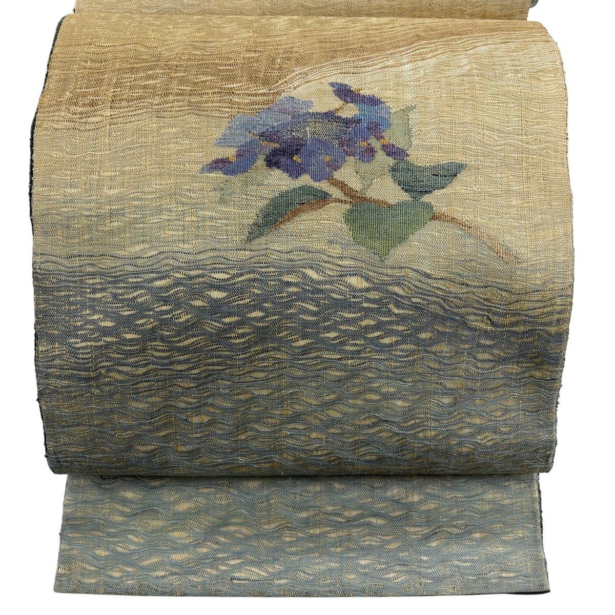 【美品】 袋帶 秀品級 枝花 金銀彩 薄綠 お太鼓圖案 純蠶絲