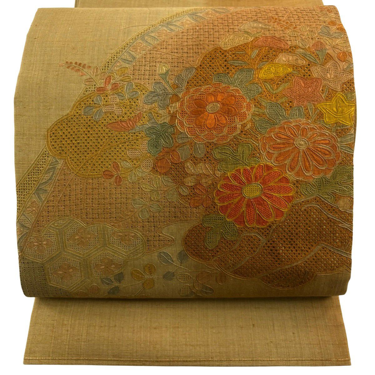 【美品】 袋帶 秀品級 關西仕立 紬織織 草花紋紋 雲文 汕頭刺繡 黃土 深色 お太鼓柄 純蠶絲