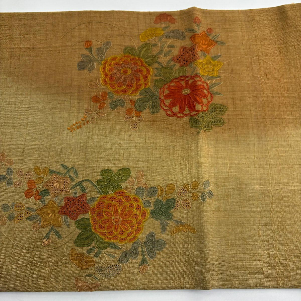 【美品】 袋帶 秀品級 關西仕立 紬織織 草花紋紋 雲文 汕頭刺繡 黃土 深色 お太鼓柄 純蠶絲