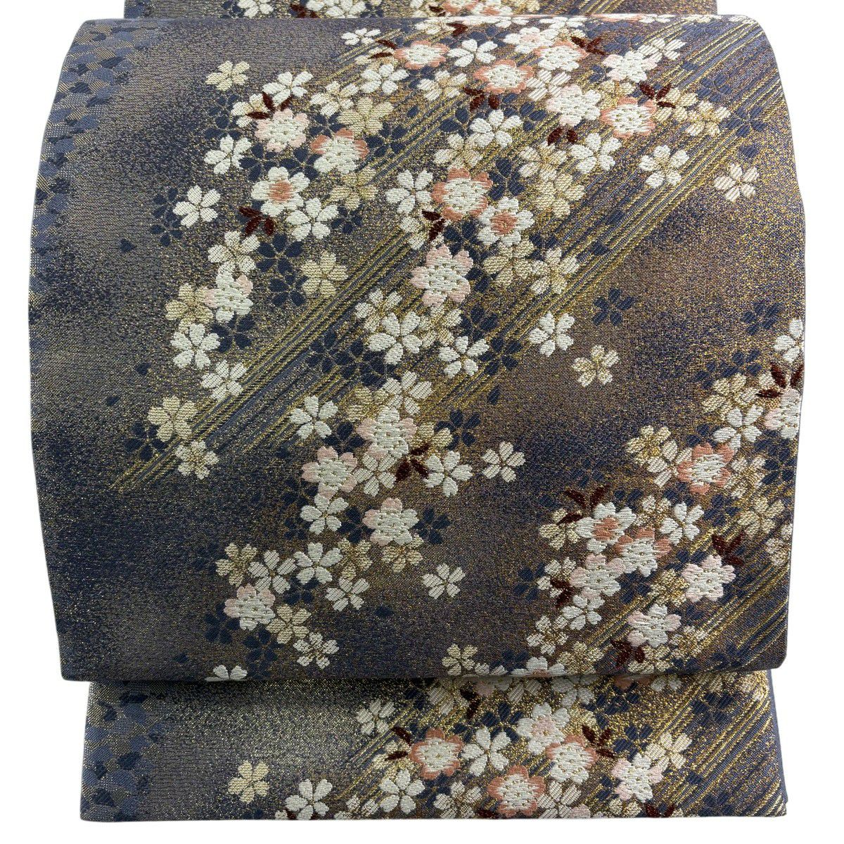 【美品】 袋帶 秀品級 大和 櫻花 斜紋 金金箔 青紫 大鼓圖案 純蠶絲