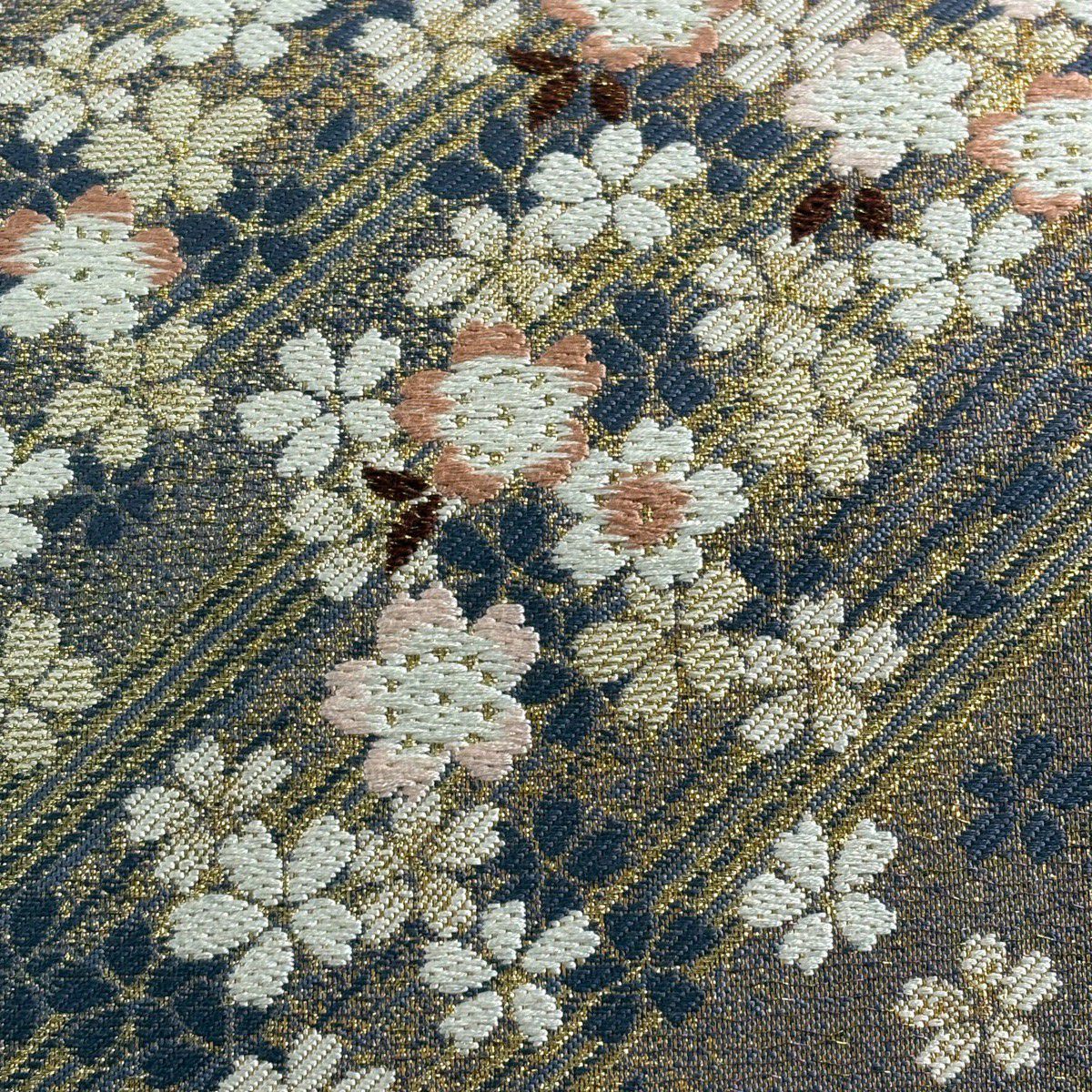 【美品】 袋帶 秀品級 大和 櫻花 斜紋 金金箔 青紫 大鼓圖案 純蠶絲