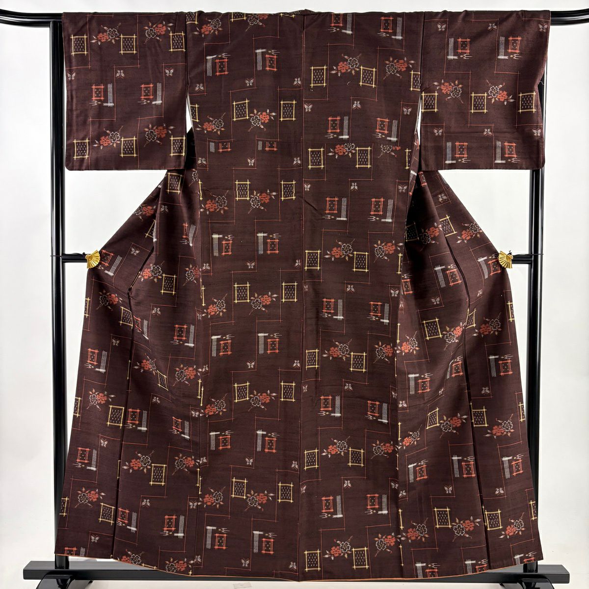 【美品】 紬織 身長159cm 袖長65.5cm M 雙層櫻花蝴蝶焦茶 純蠶絲 優品級
