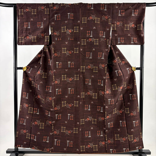 【美品】 紬織 身長159cm 袖長65.5cm M 雙層櫻花蝴蝶焦茶 純蠶絲 優品級