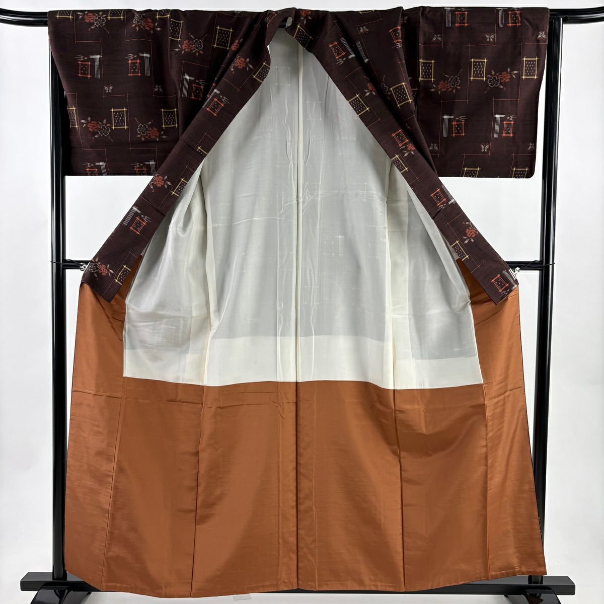 【美品】 紬織 身長159cm 袖長65.5cm M 雙層櫻花蝴蝶焦茶 純蠶絲 優品級