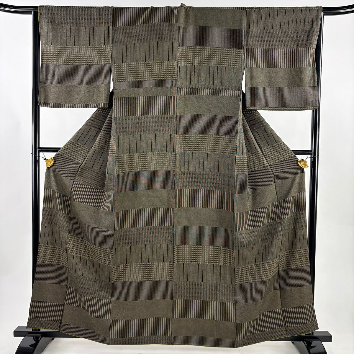 【美品】 小紋 身長160.5cm 袖長65.5cm M 雙層 縞 幾何學 黑灰 純蠶絲 優品級