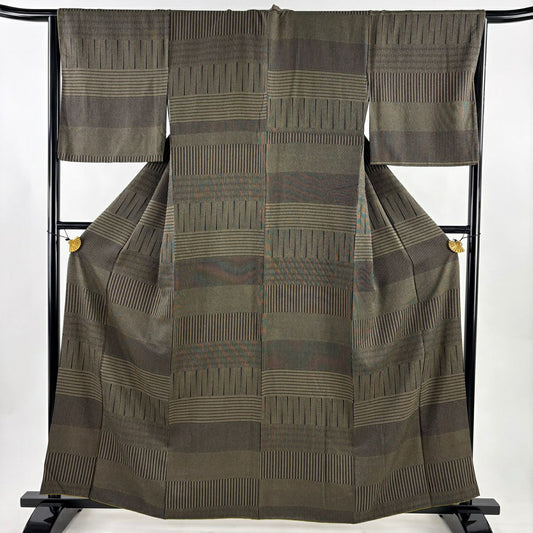 【美品】 小紋 身長160.5cm 袖長65.5cm M 雙層 縞 幾何學 黑灰 純蠶絲 優品級