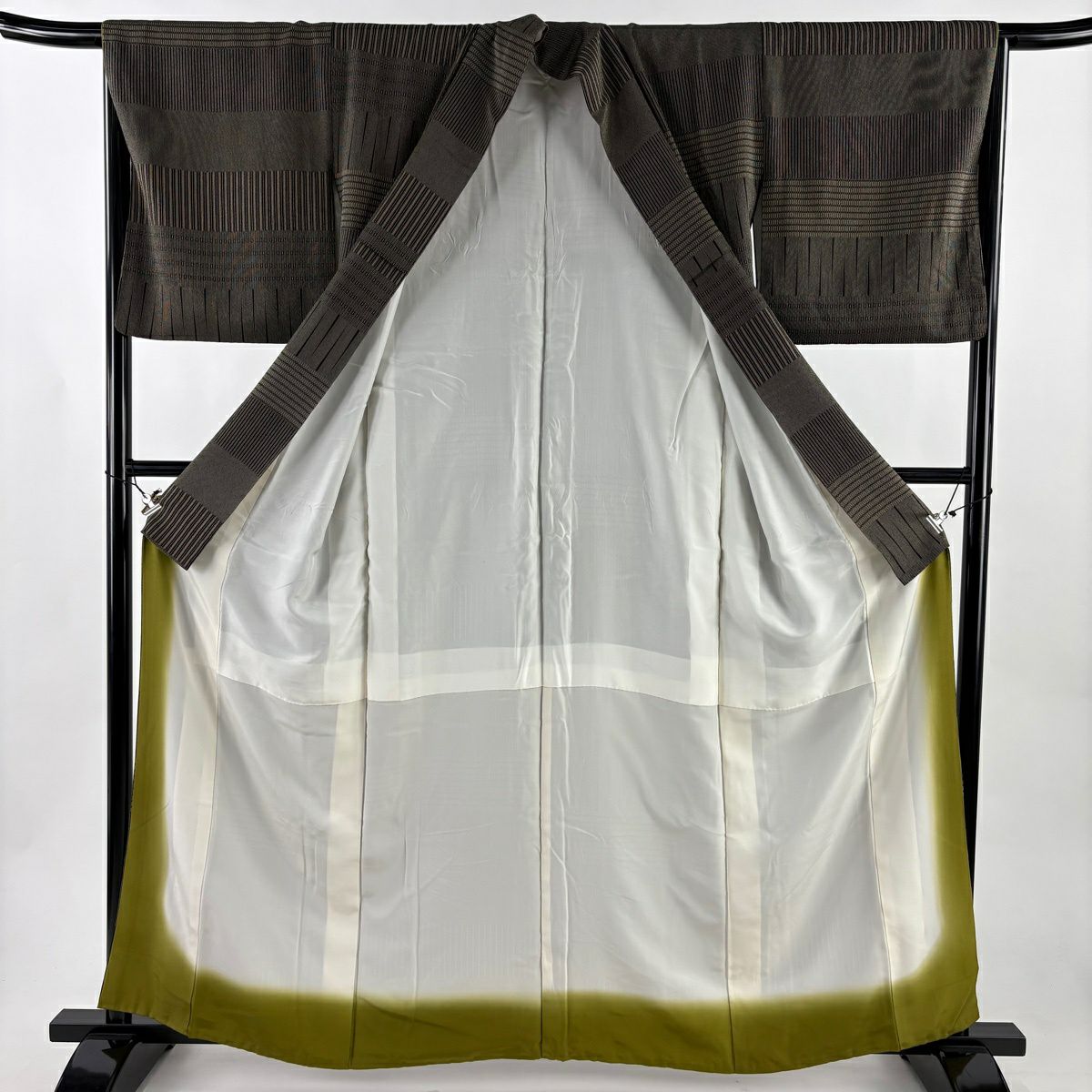 【美品】 小紋 身長160.5cm 袖長65.5cm M 雙層 縞 幾何學 黑灰 純蠶絲 優品級