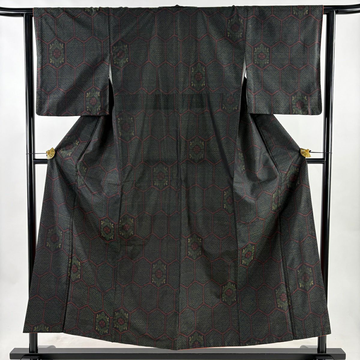 【美品】 紬織 身長153cm 袖長62.5cm S 雙層 華紋 龜甲 深綠 純蠶絲 優品級