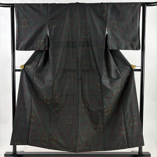 【美品】 紬織 身長153cm 袖長62.5cm S 雙層 華紋 龜甲 深綠 純蠶絲 優品級