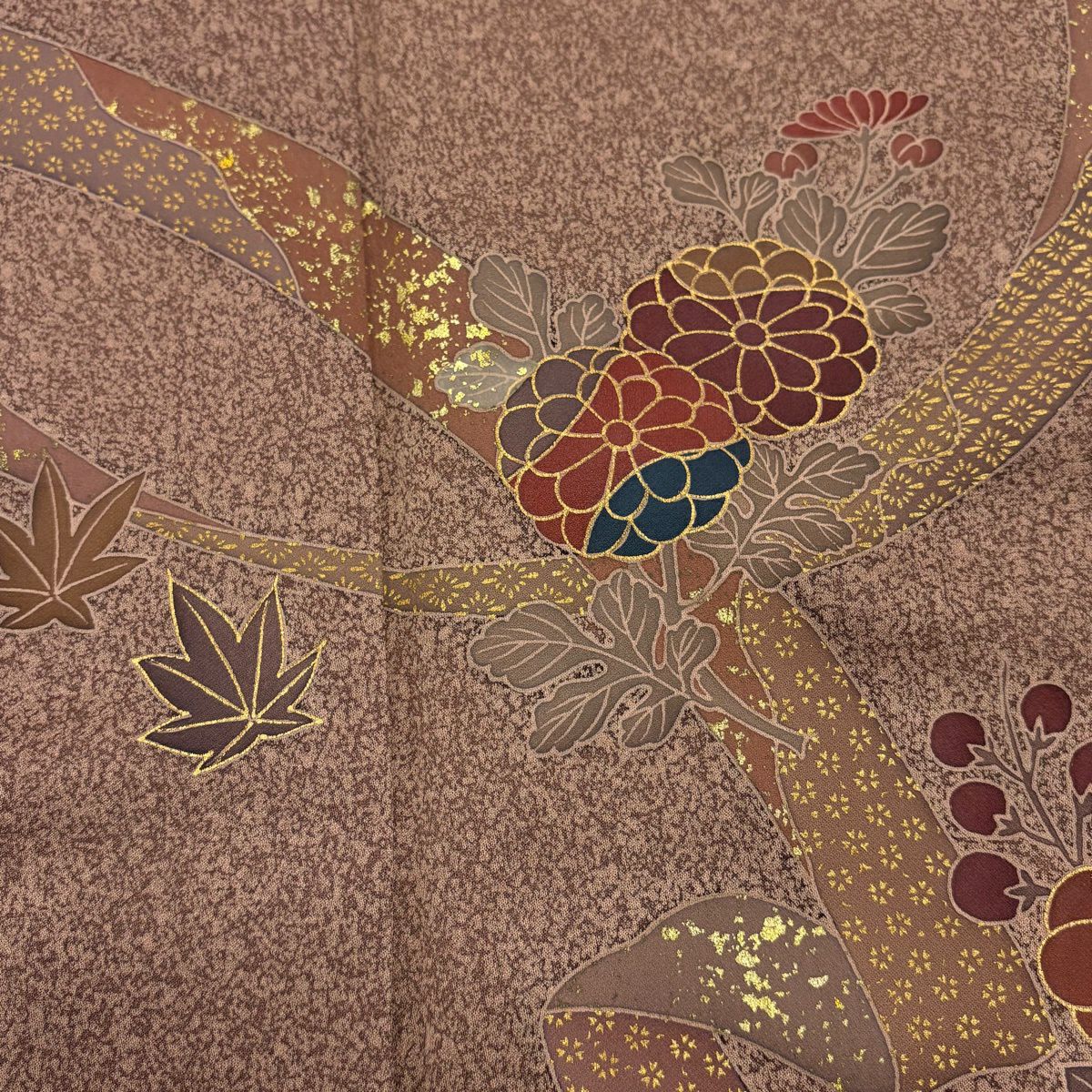 訪問服 身長158cm 袖長62.5cm S 雙層 蔓帶 菊花 金彩裝飾 小豆 純蠶絲 優品級