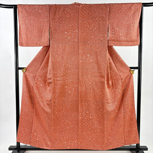 【美品】 小紋 身長157.5cm 袖長64.5cm M 雙層 草花紋紋 鮭粉色 純蠶絲 優品級
