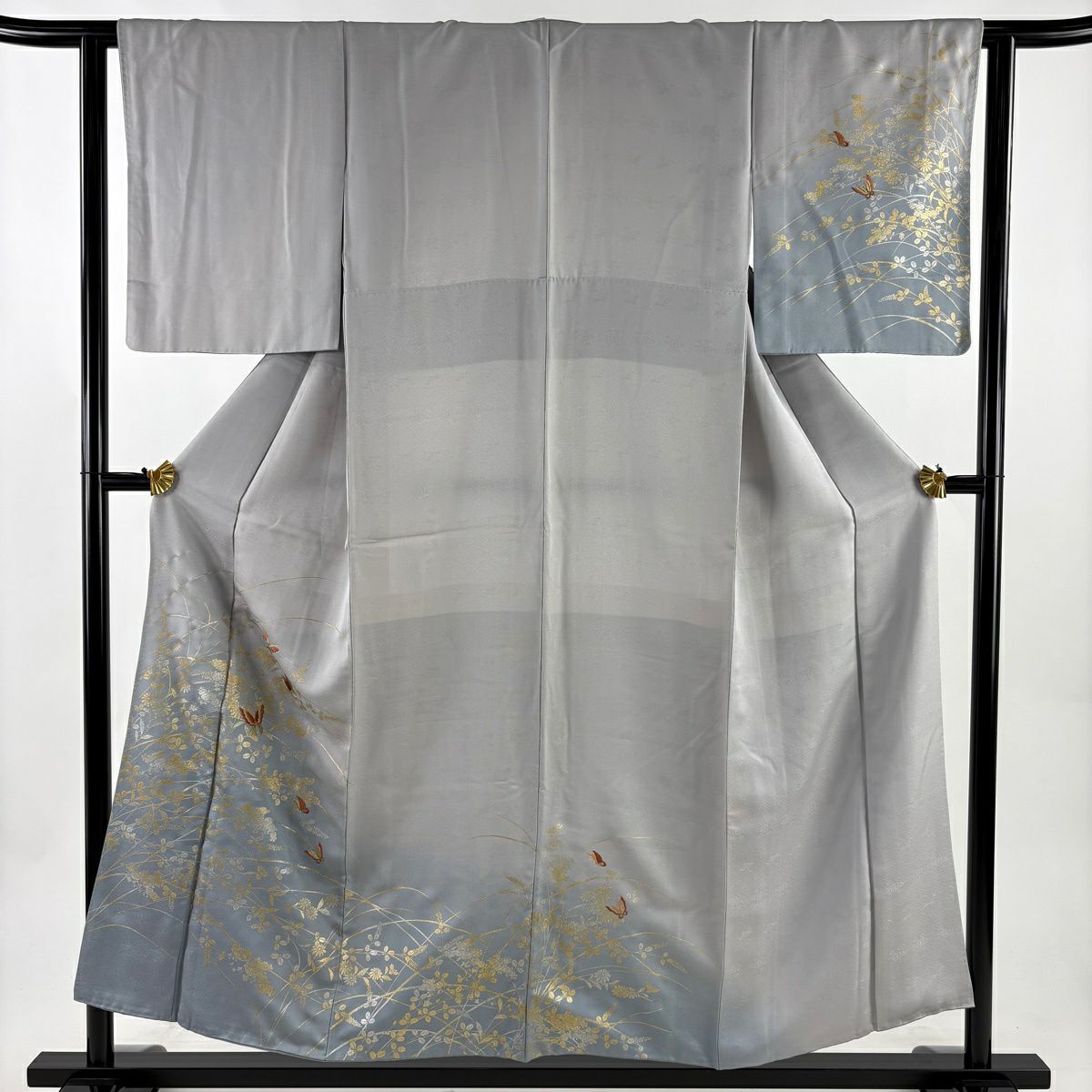 付下 身長153.5cm 袖長62cm S 雙層 蝶 草花紋刺繡 金銀彩 灰 純蠶絲 優品級