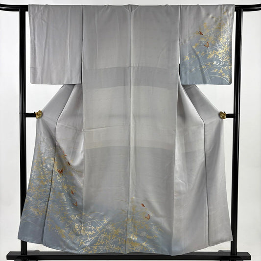 付下 身長153.5cm 袖長62cm S 雙層 蝶 草花紋刺繡 金銀彩 灰 純蠶絲 優品級