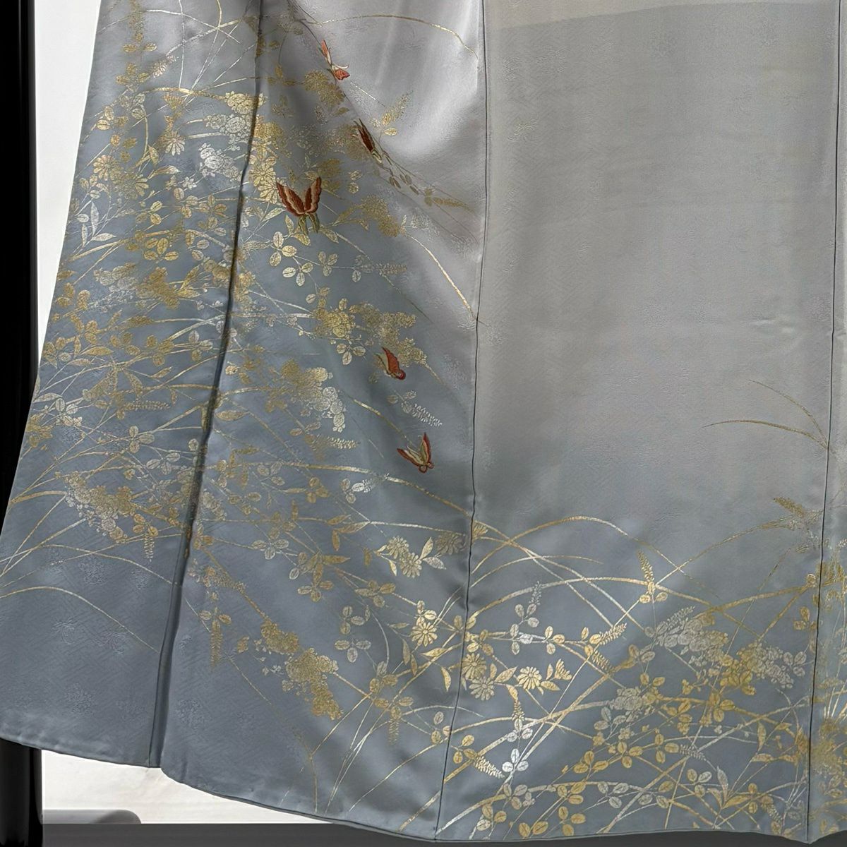 付下 身長153.5cm 袖長62cm S 雙層 蝶 草花紋刺繡 金銀彩 灰 純蠶絲 優品級