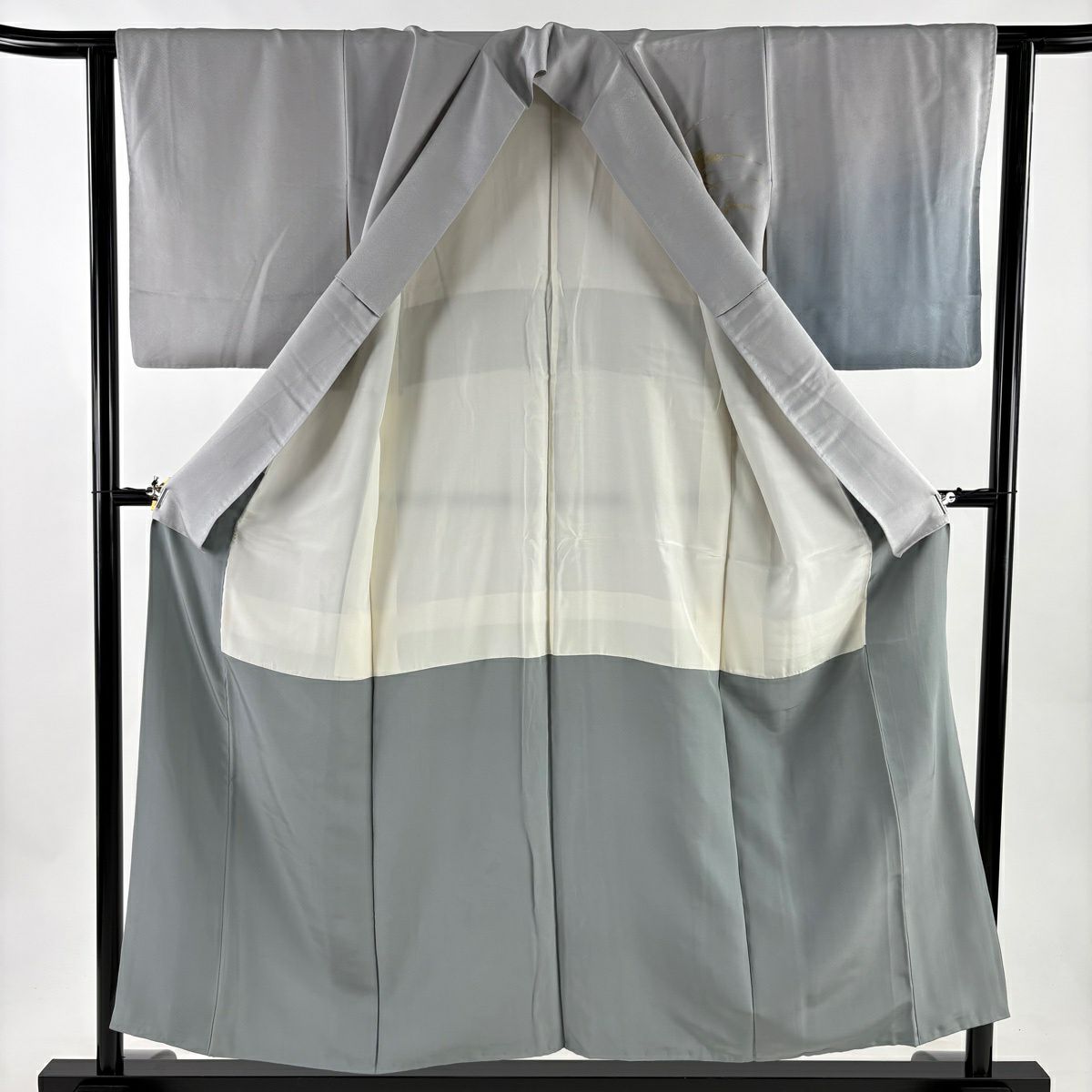 付下 身長153.5cm 袖長62cm S 雙層 蝶 草花紋刺繡 金銀彩 灰 純蠶絲 優品級