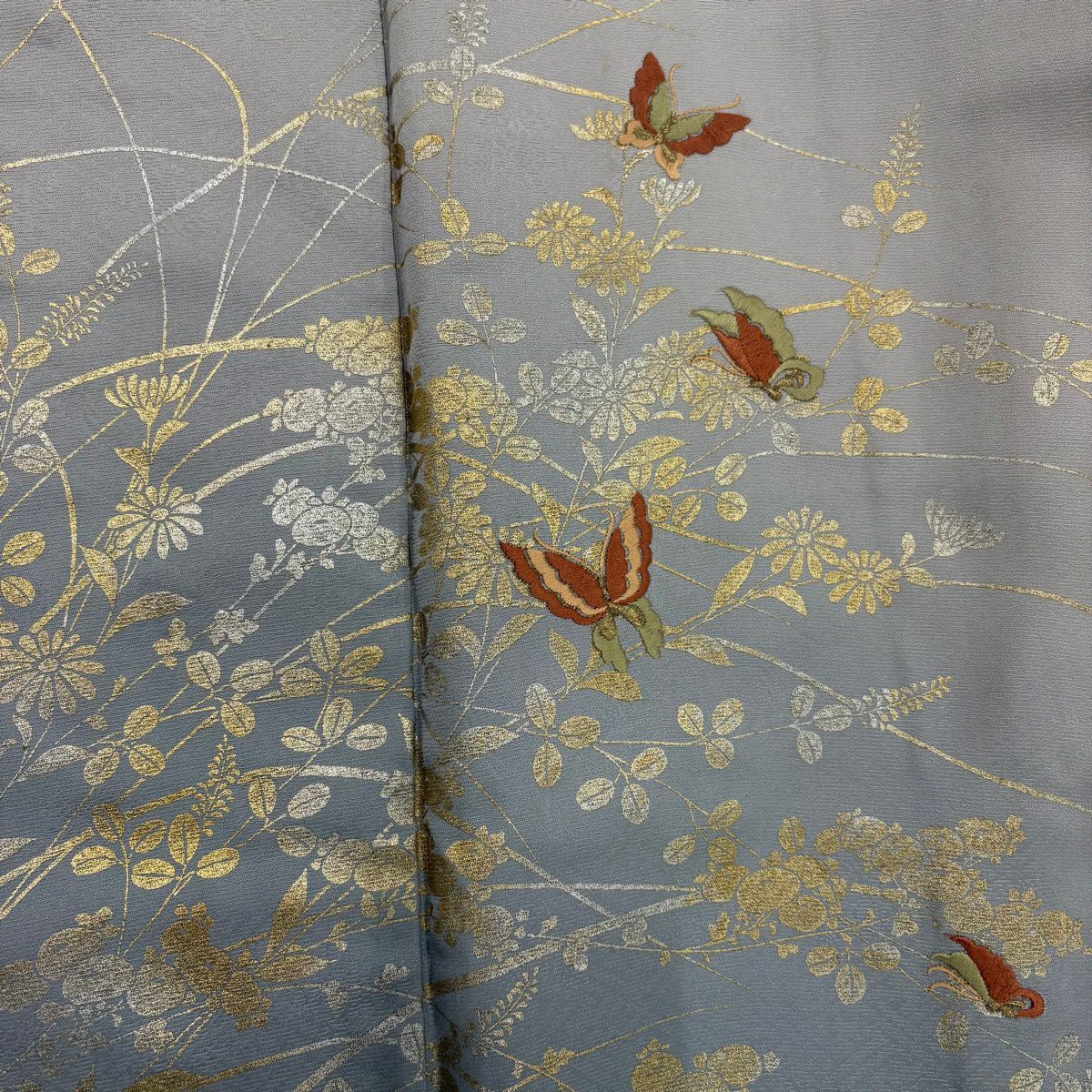 付下 身長153.5cm 袖長62cm S 雙層 蝶 草花紋刺繡 金銀彩 灰 純蠶絲 優品級