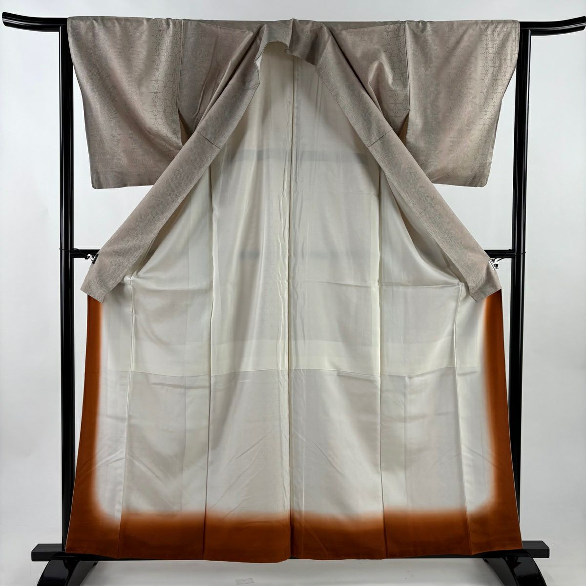 【美品】 紬織 身長160.5cm 袖長63cm S 雙層 葉柄 幾何圖案 灰茶 純蠶絲 優品級