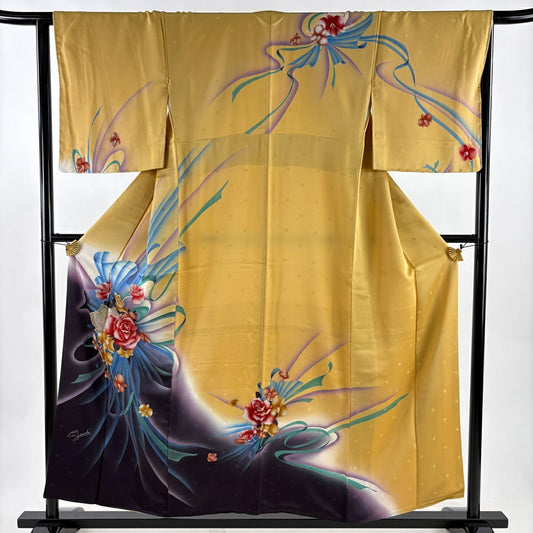 訪問服 身長155.5cm 袖長64cm M 雙層 花束 玫瑰 黃土色 純蠶絲 優品級