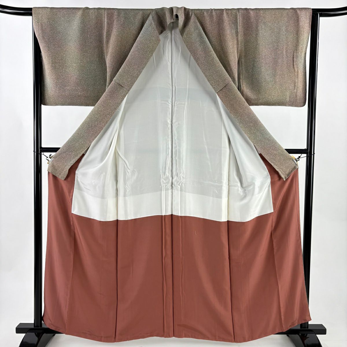 【美品】 小紋 身長159.5cm 袖長65.5cm M 雙層 落款あり 幾何學 縮緬 紅茶 純蠶絲 優品級 一つ紋