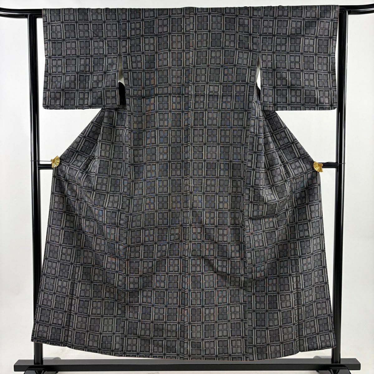 【美品】 紬織 身長154cm 袖長62cm S 雙層 格子 幾何學 黑灰 純蠶絲 優品級