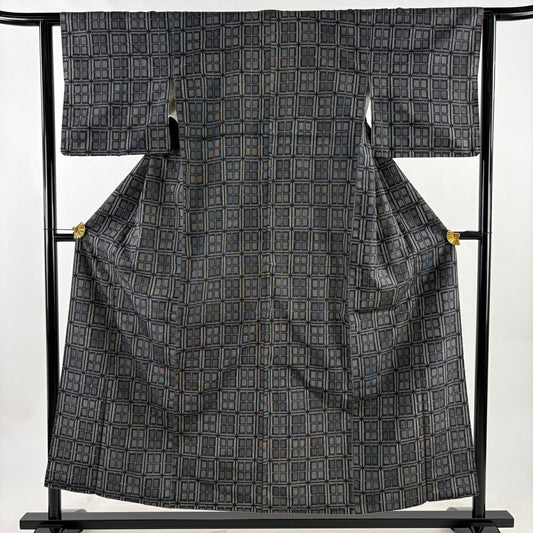 【美品】 紬織 身長154cm 袖長62cm S 雙層 格子 幾何學 黑灰 純蠶絲 優品級