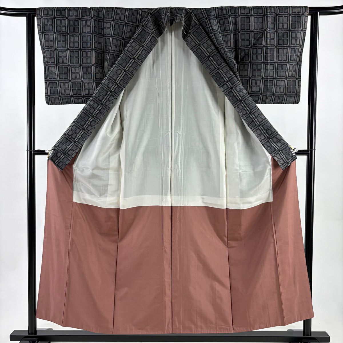 【美品】 紬織 身長154cm 袖長62cm S 雙層 格子 幾何學 黑灰 純蠶絲 優品級