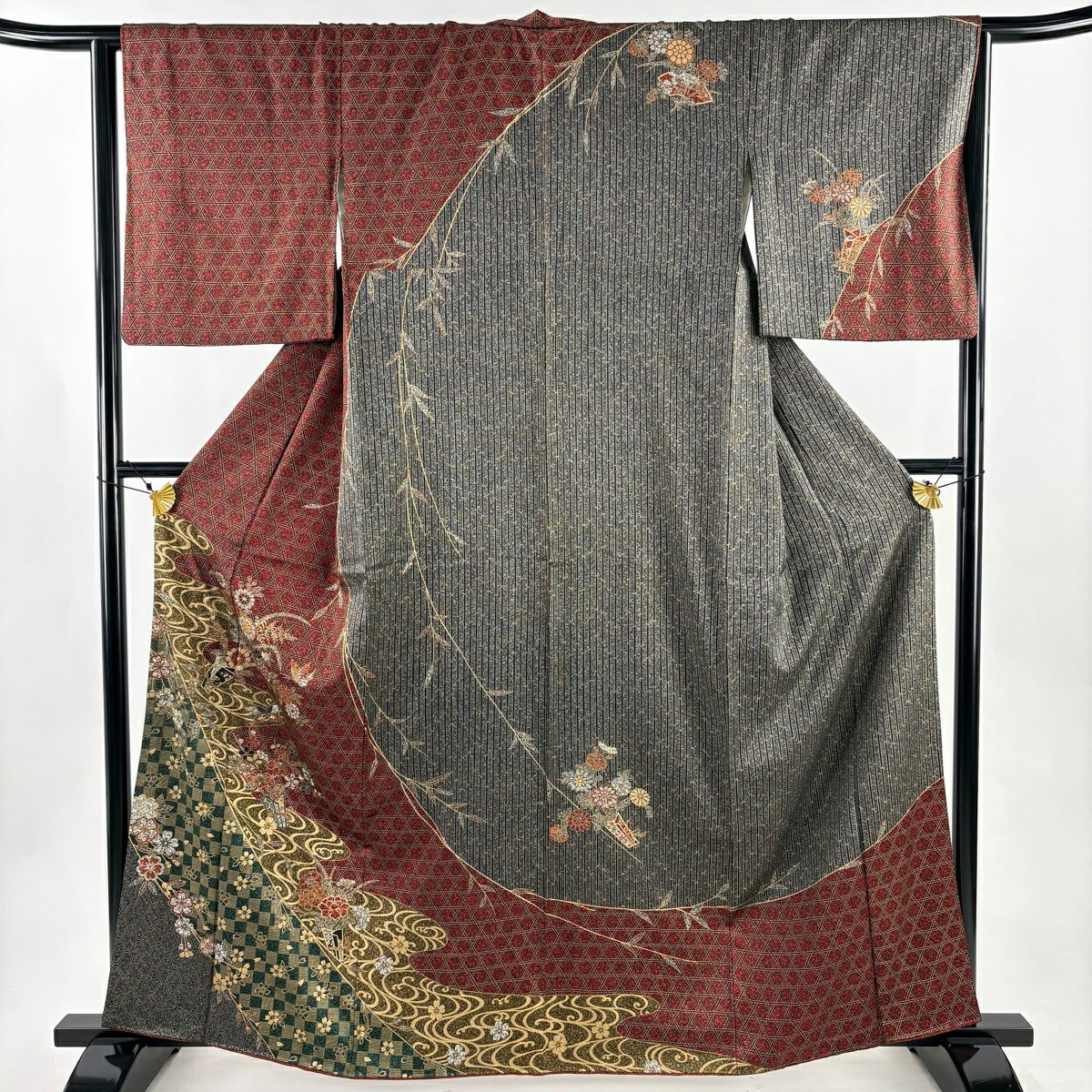 訪問服 身長162cm 袖長63.5cm S 雙層 花束 金彩裝飾 紅 純蠶絲 優品級