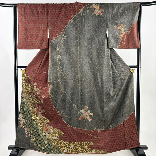 訪問服 身長162cm 袖長63.5cm S 雙層 花束 金彩裝飾 紅 純蠶絲 優品級
