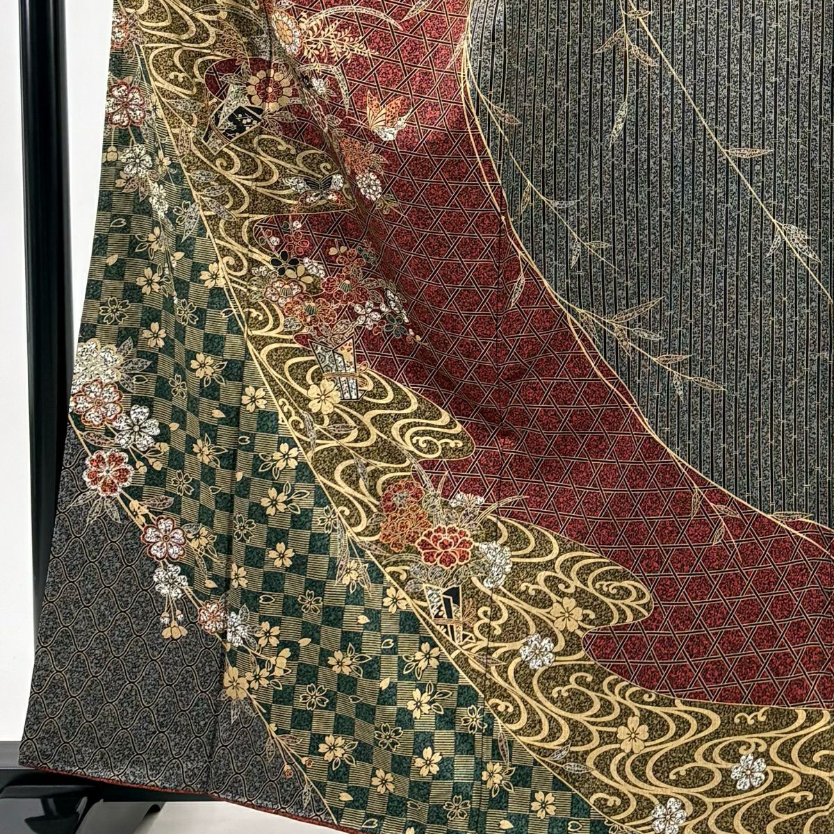 訪問服 身長162cm 袖長63.5cm S 雙層 花束 金彩裝飾 紅 純蠶絲 優品級
