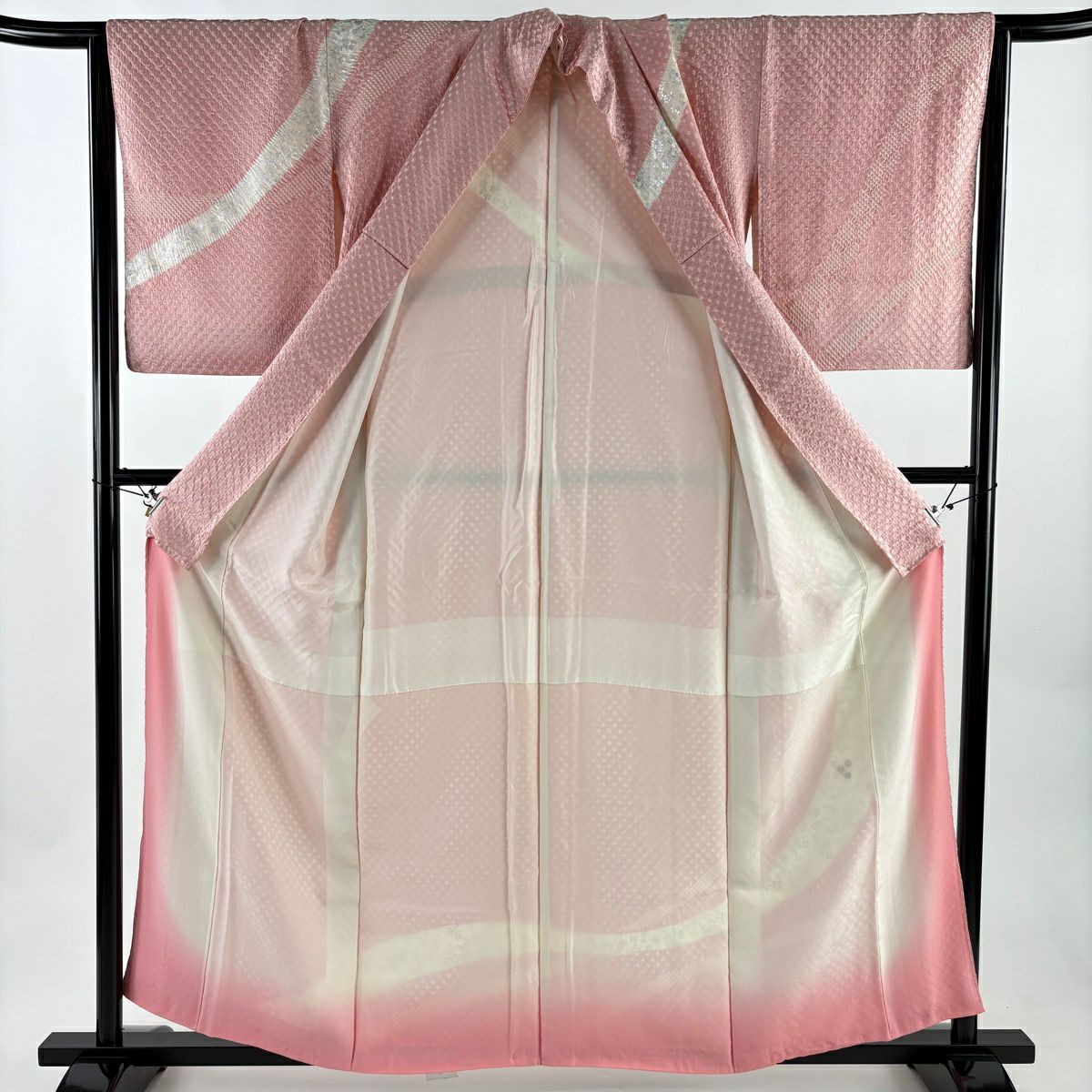 訪問服 身長158cm 袖長65cm M 雙層 花紋 市松樹 刺繡 金銀彩 粉紅 純蠶絲 優品級
