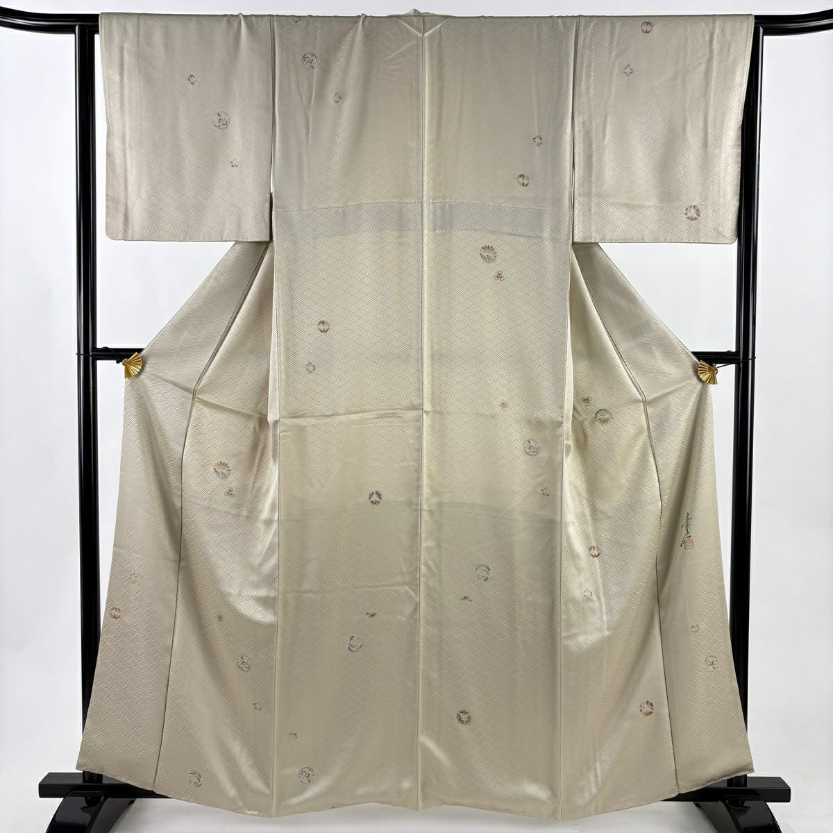 【美品】 付下 身長160cm 袖長64cm M 雙層 淺井青仁 梅花丸紋 地紋 金彩裝飾 淡茶 純蠶絲 優品級