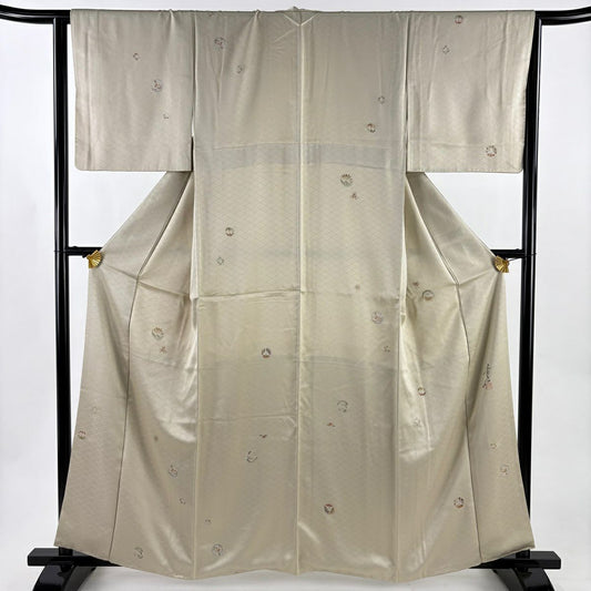 【美品】 付下 身長160cm 袖長64cm M 雙層 淺井青仁 梅花丸紋 地紋 金彩裝飾 淡茶 純蠶絲 優品級