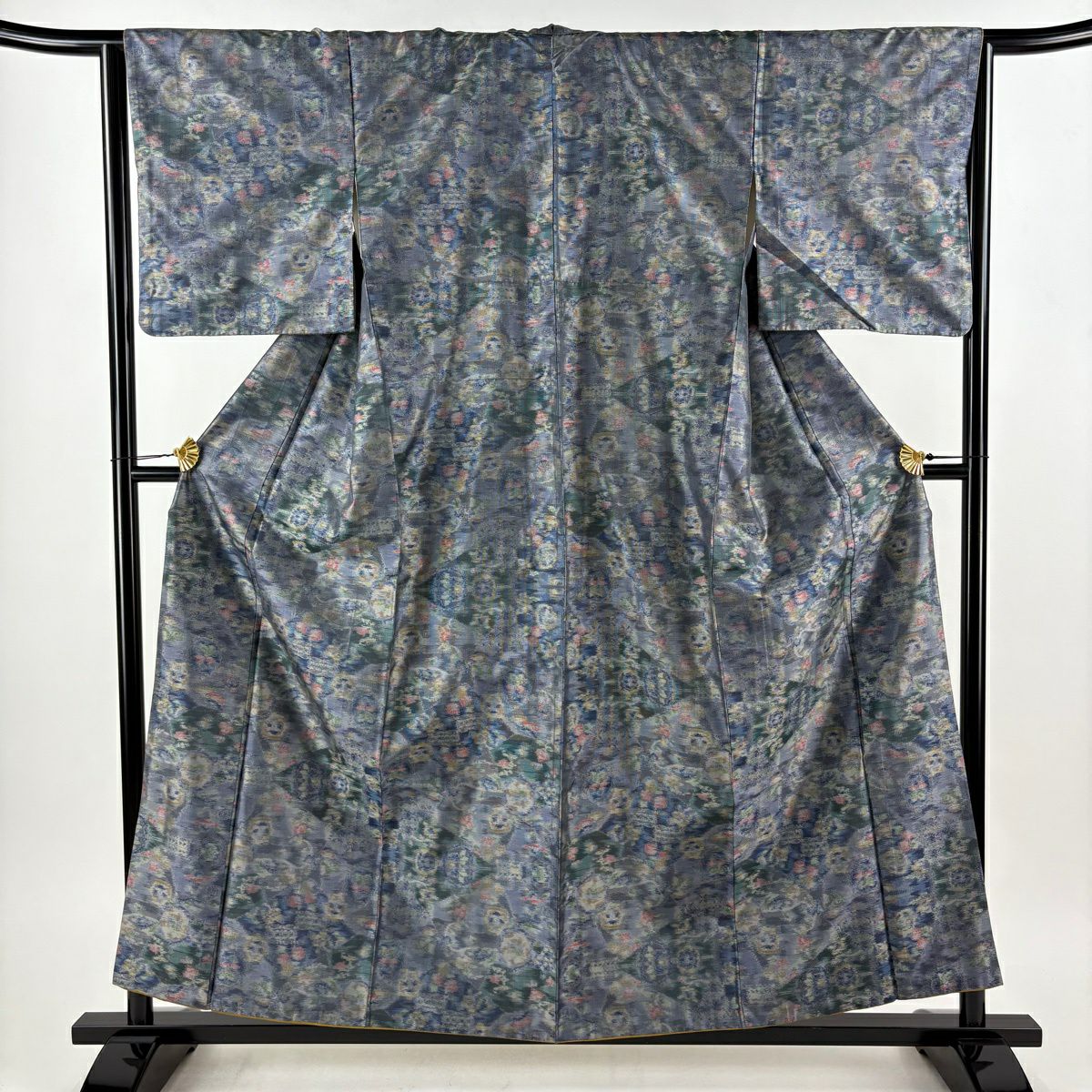 紬織 身長158cm 袖長64.5cm M 雙層 草花紋紋 青灰 純蠶絲 優品級