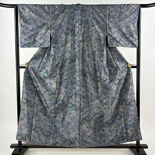 紬織 身長158cm 袖長64.5cm M 雙層 草花紋紋 青灰 純蠶絲 優品級
