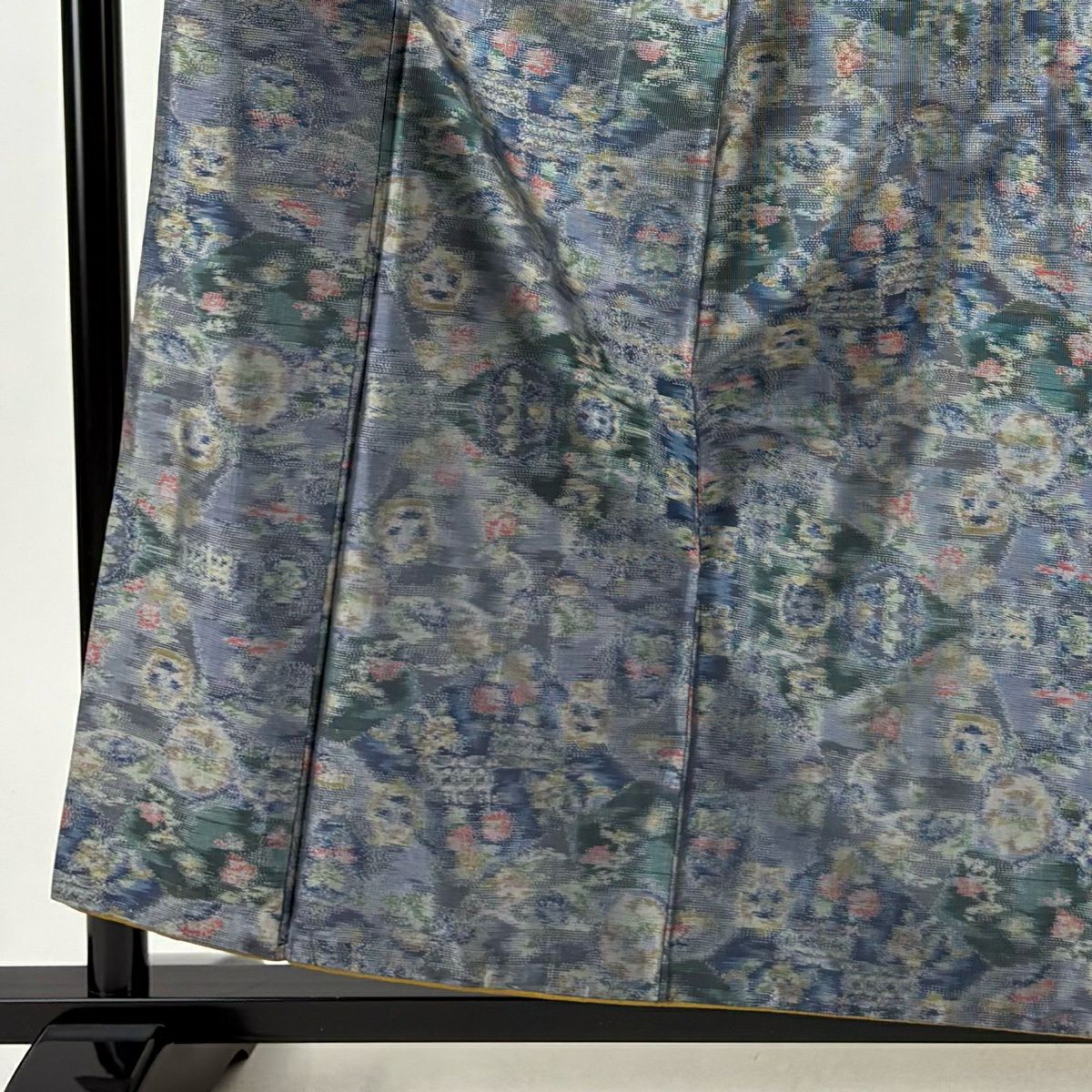 紬織 身長158cm 袖長64.5cm M 雙層 草花紋紋 青灰 純蠶絲 優品級