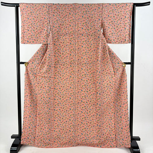 【美品】 小紋 身長167cm 袖長63cm S 雙層 鳥 絞染 鮭粉色 純蠶絲 優品級