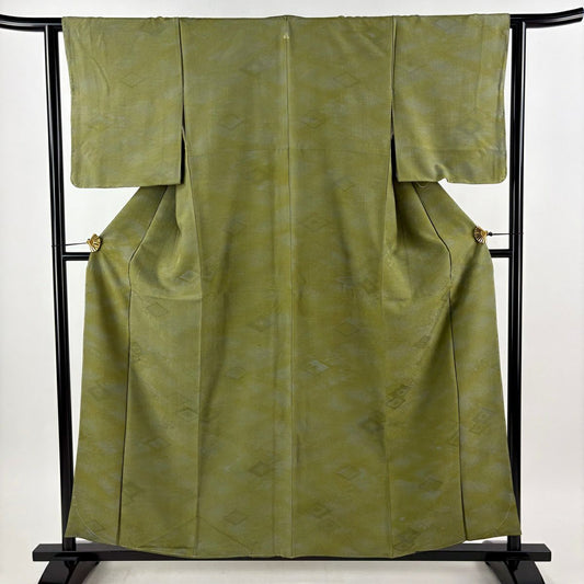 【美品】 小紋 身長158cm 袖長63cm S 雙層 地紋 漸層 鶯色 純蠶絲 優品級 一つ紋