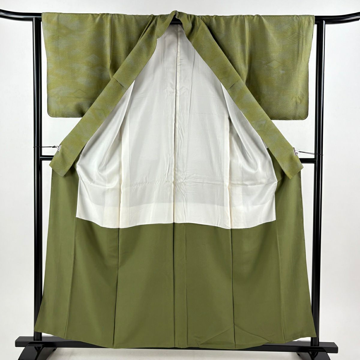 【美品】 小紋 身長158cm 袖長63cm S 雙層 地紋 漸層 鶯色 純蠶絲 優品級 一つ紋