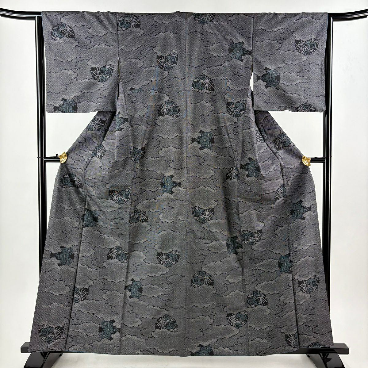 【美品】 紬織織 身長161cm 袖長64.5cm M 雙層 雲文 草花紋紋 墨色 純蠶絲 優品級